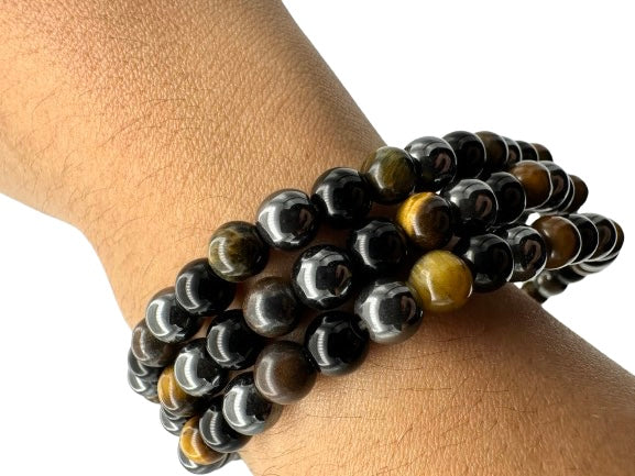 PULSERA MIXTA: OJO DE TIGRE, ONIX Y HEMATITE