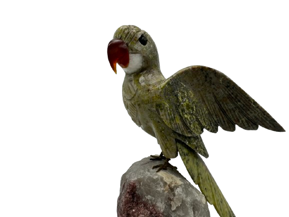 PÁJARO DECORATIVO EN MINERAL NATURAL CALCITA VERDE Y ROJA