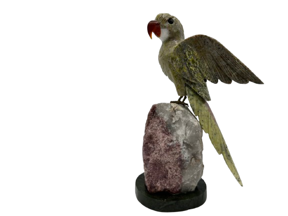 PÁJARO DECORATIVO EN MINERAL NATURAL CALCITA VERDE Y ROJA